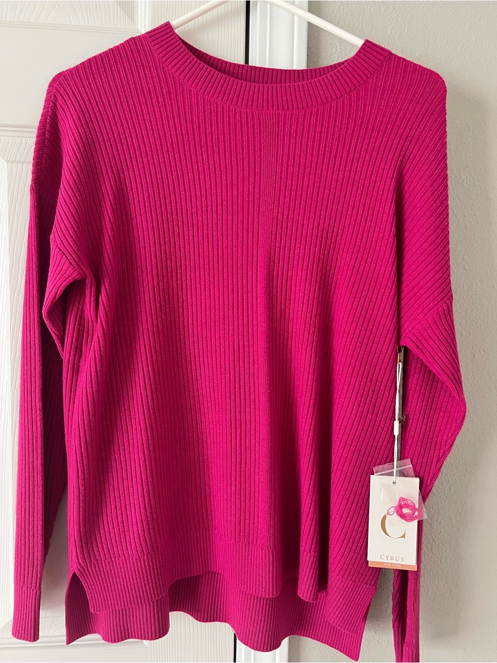 Cyrus Ribbed Crewneck Sweater in Vibrant Fuchsia